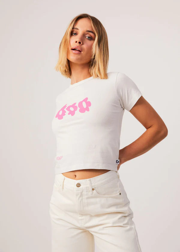 afends, baby tee, white, pink flowers, sustainable, ethical, slow fashion, womens apparel, curate