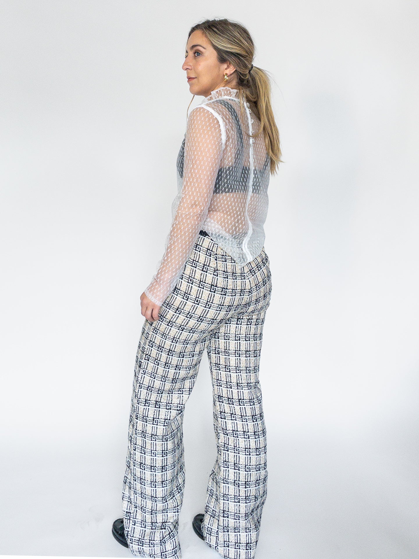 sister jane, carrie tweed trouser, tweed pants, beige and black, wide leg trousers, women's apparel, women's pants, ethically made, curate