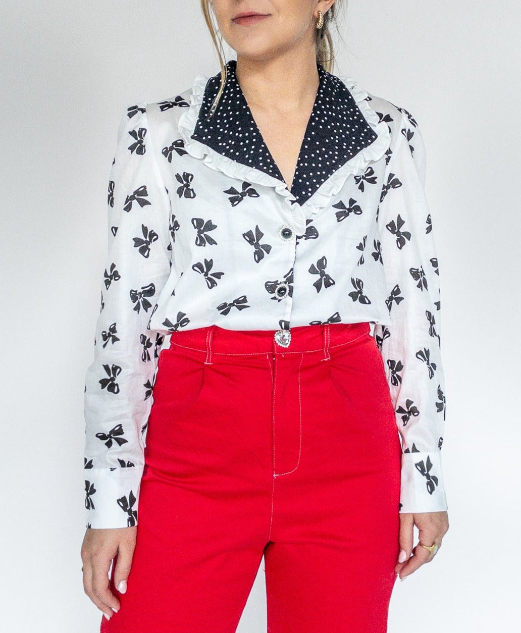 Red women's shirt with white polka dots, Shirts