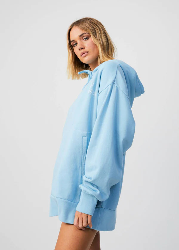 afends, unisex oversized hoodie, sky blue, sustainable, ethical, sweatshirt, womens apparel, loungewear, curate