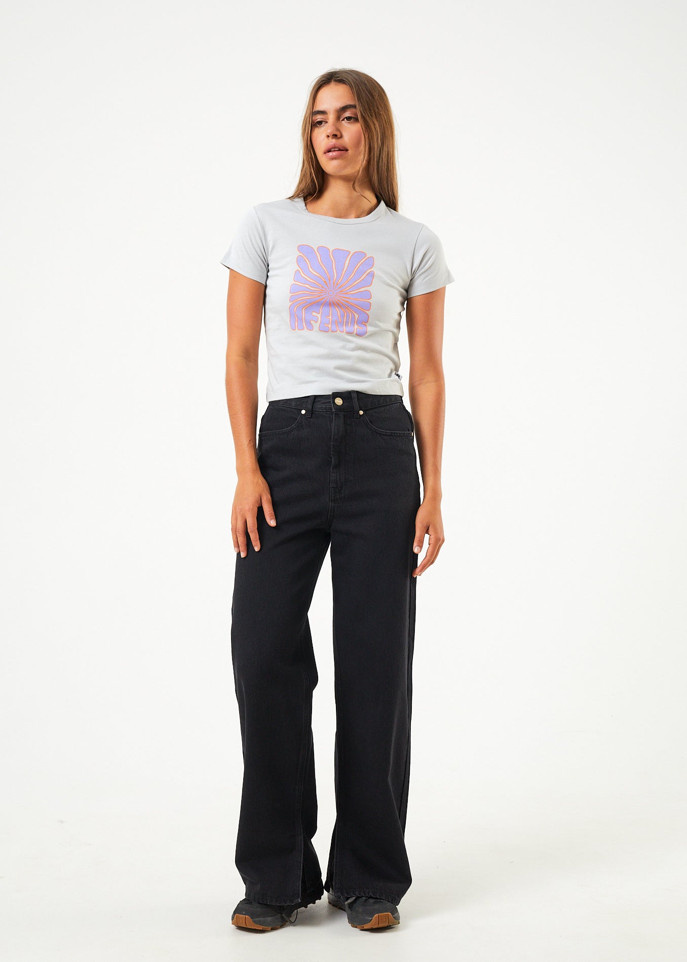 curate, afends, sustainable and ethically made womens apparel, streetwear, graphic tee, baby tee, smoke grey, purple, orange, groovy print, 90s inspired, millennial, gen z apparel, streetwear