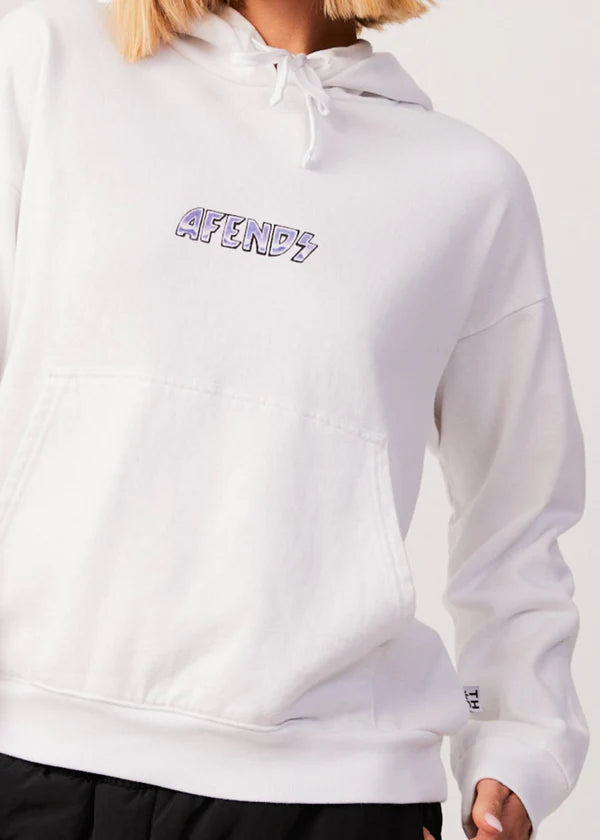 afends pearly hoodie, white, purple, sustainable, ethical, sweatshirt, womens apparel, loungewear, curate