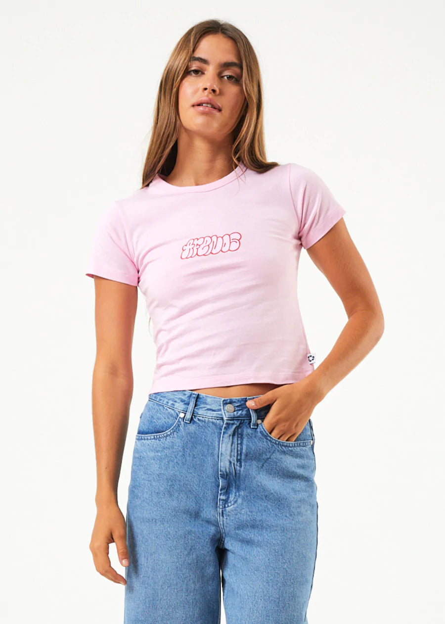 afends, curate, womens streetstyle clothing, pink baby tee, tshirt, ethically and sustainably made, recycled cotton, organic cotton, millennial, gen z fashion