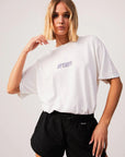 afends, oversized tshirt, tee, graphic tee, white, purple, womens apparel, sustainable, ethical, curate