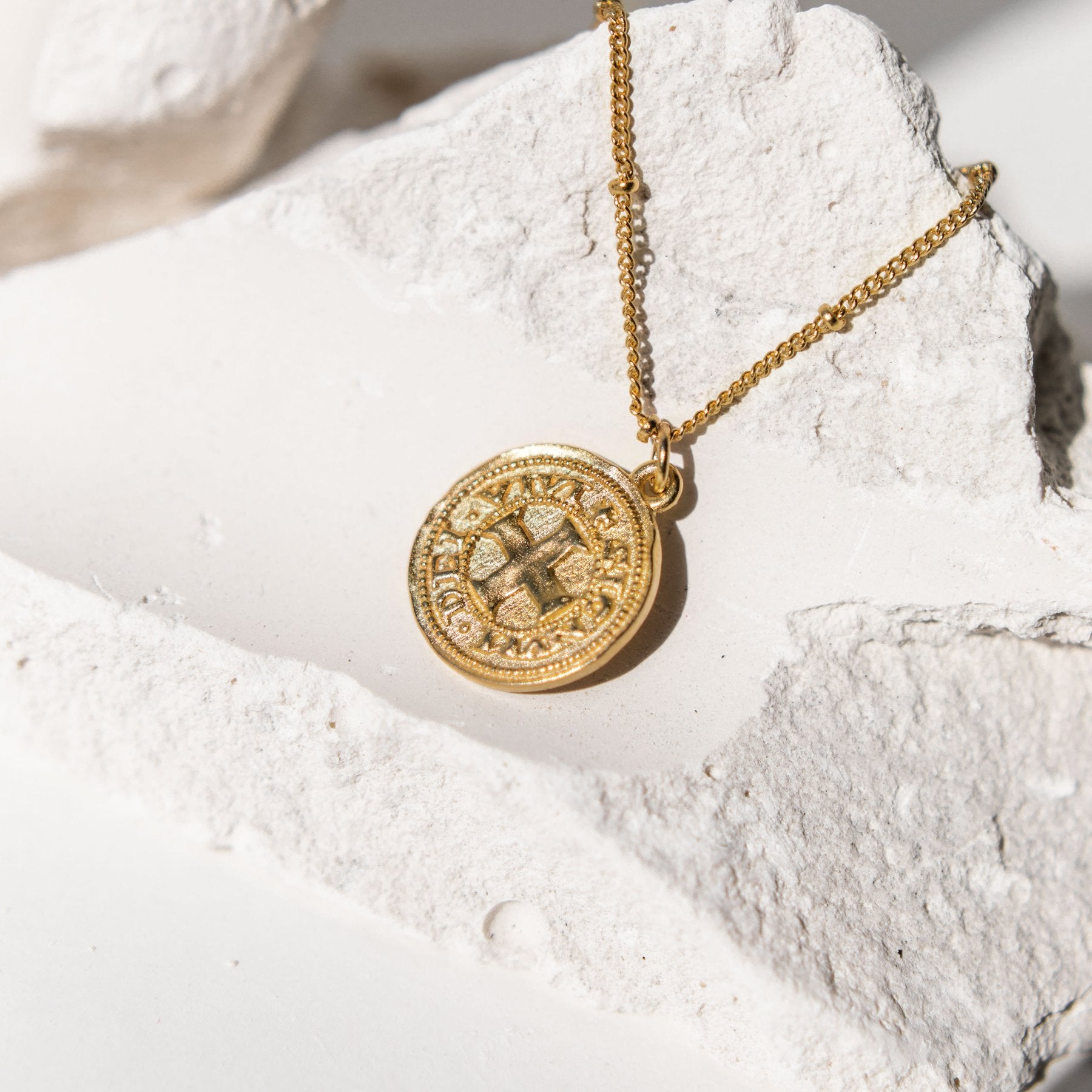 gold coin necklace with cross, sustainably and ethically made