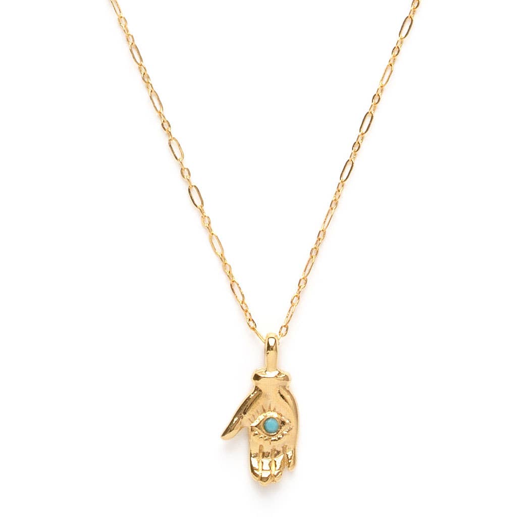 tiny mystic hand necklace, gold and turquoise, ethically and handmade