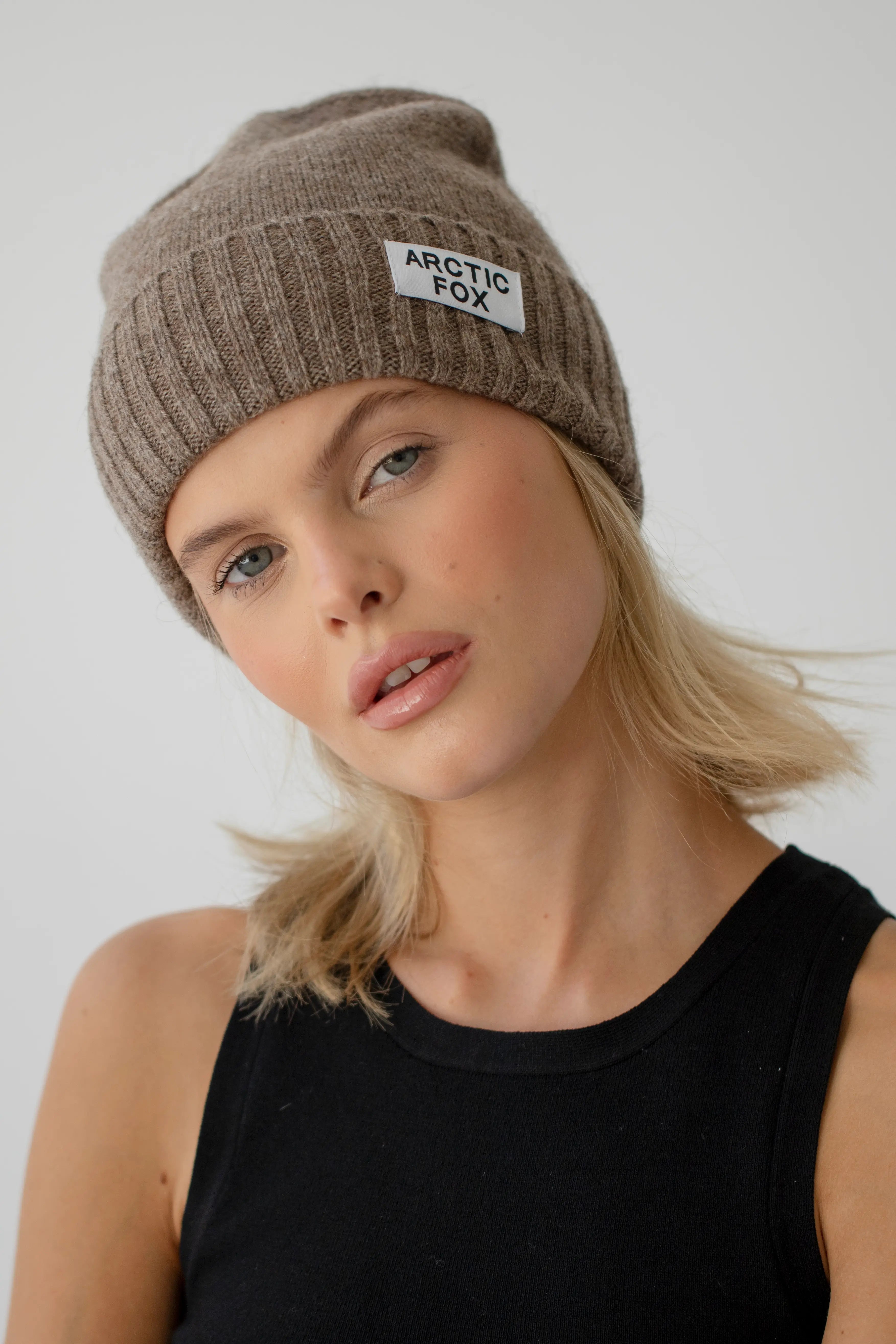 arctic fox and co, made in the UK, Responsible standard wool certified high welfare wool beanie, wolf brown, light brown, oatmeal, womens beanie hat, sustainable and ethical fashion, curate