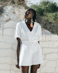 women's white shorts with drawstring waist and ivory tie, sustainably and ethically made