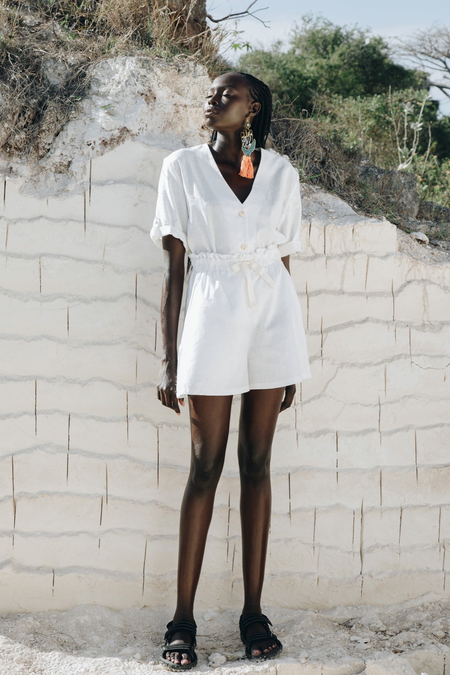 women&#39;s white shorts with drawstring waist and ivory tie, sustainably and ethically made