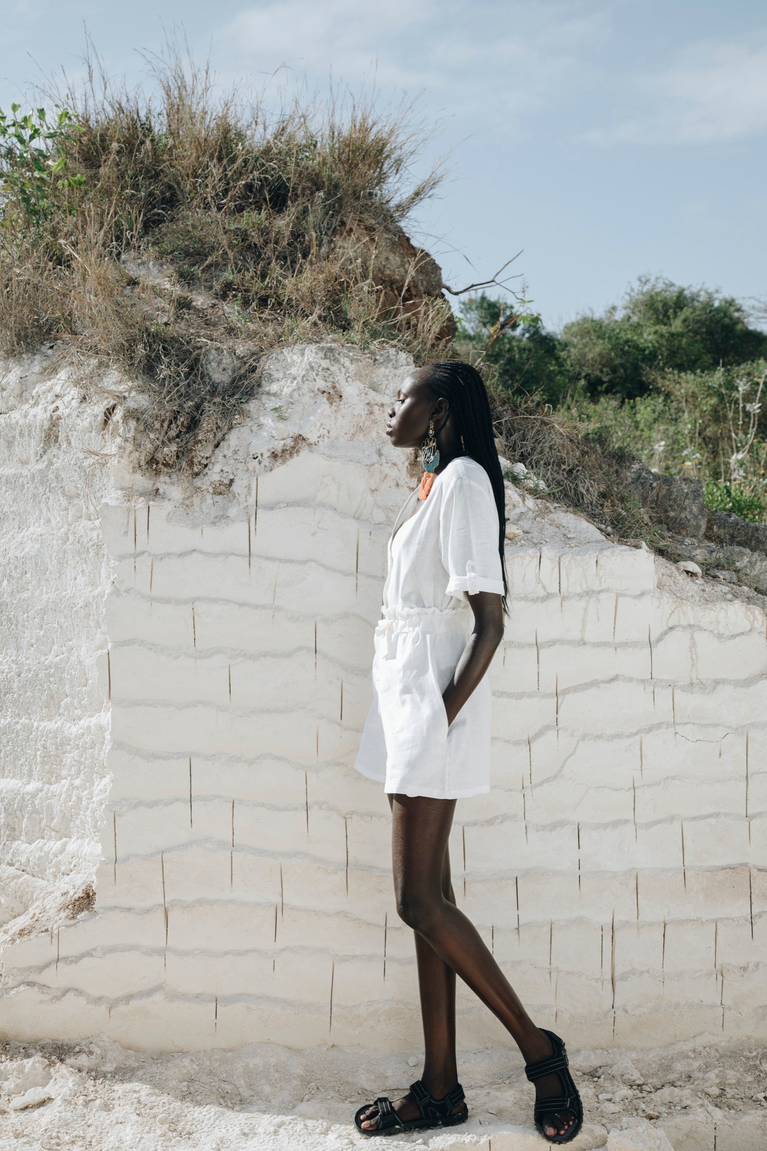 women&#39;s white shorts with drawstring waist and ivory tie, sustainably and ethically made