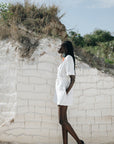 women's white shorts with drawstring waist and ivory tie, sustainably and ethically made
