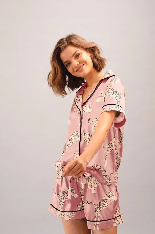 Averie Short-Sleeve Shirt &amp; Shorts Satin Pajama Set