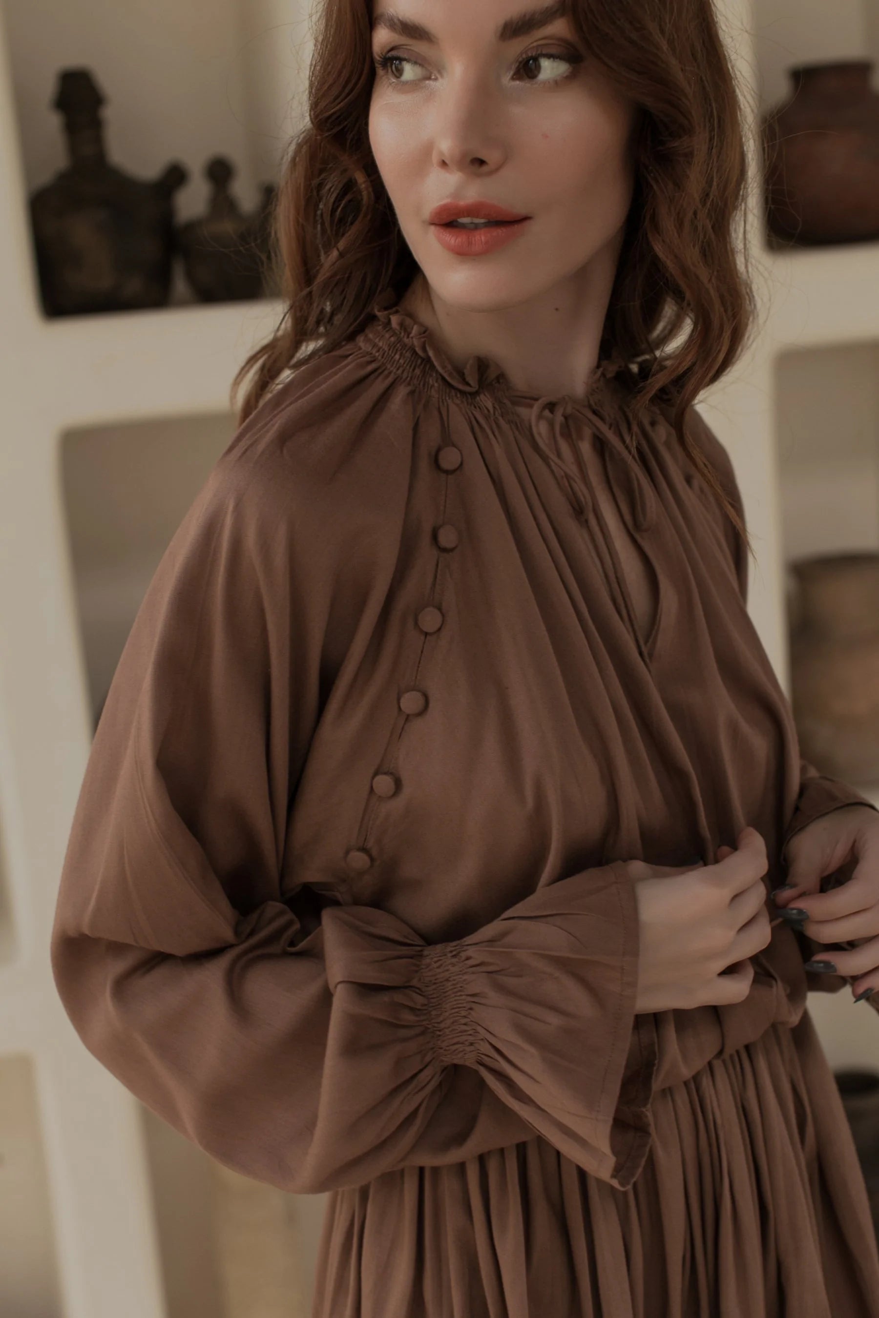 bali elf, women&#39;s brown gold mini dress, longsleeve, balloon sleeved mini dress, fall winter winter, ethically and sustainably made, curate