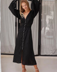 bali elf womens midi dress, black with pearl buttons, v-neck, long sleeve, sustainable and ethically made, curate