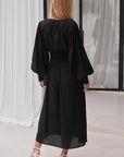 bali elf womens midi dress, black with pearl buttons, v-neck, long sleeve, sustainable and ethically made, curate