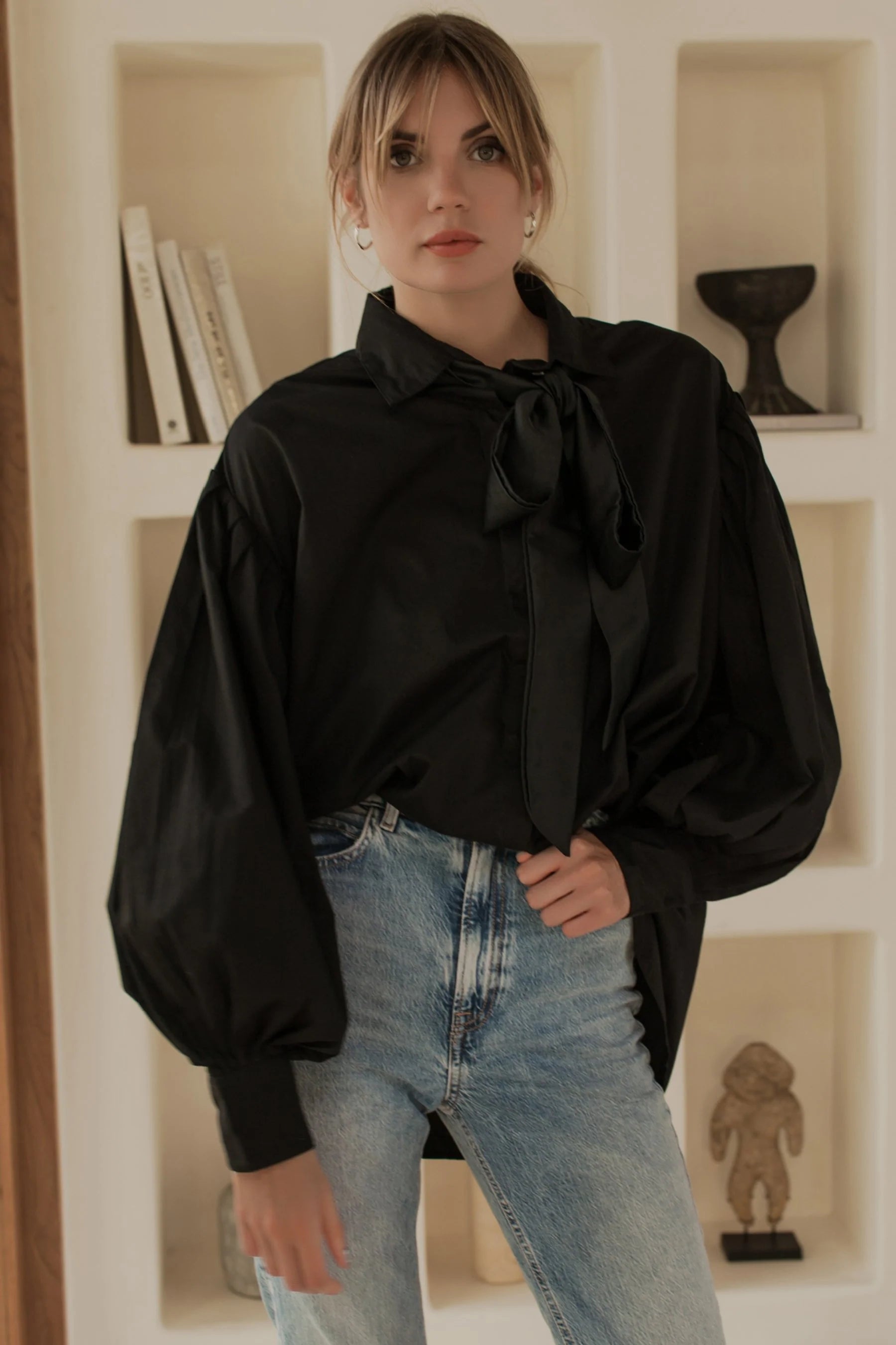 bali elf womens merci balloon sleeve oversized shirt, necktie, black classic button down shirt, womens apparel, sustainably and ethically made, curate