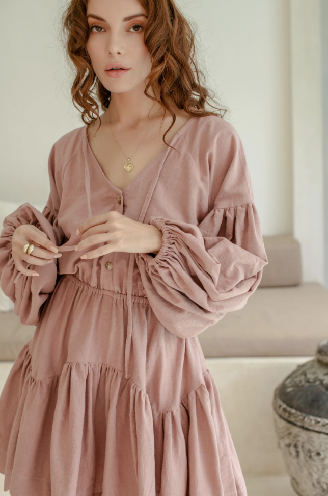 bali elf, sustainable and ethical dresses, womens apparel, pink rose colored mini dress, long sleeves, balloon sleeves, summer dress, curate