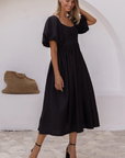 bali elf, sustainable and ethical dresses, womens apparel, black linen midi dress, balloon sleeves, summer dress, curate
