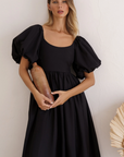 bali elf, sustainable and ethical dresses, womens apparel, black linen midi dress, balloon sleeves, summer dress, curate