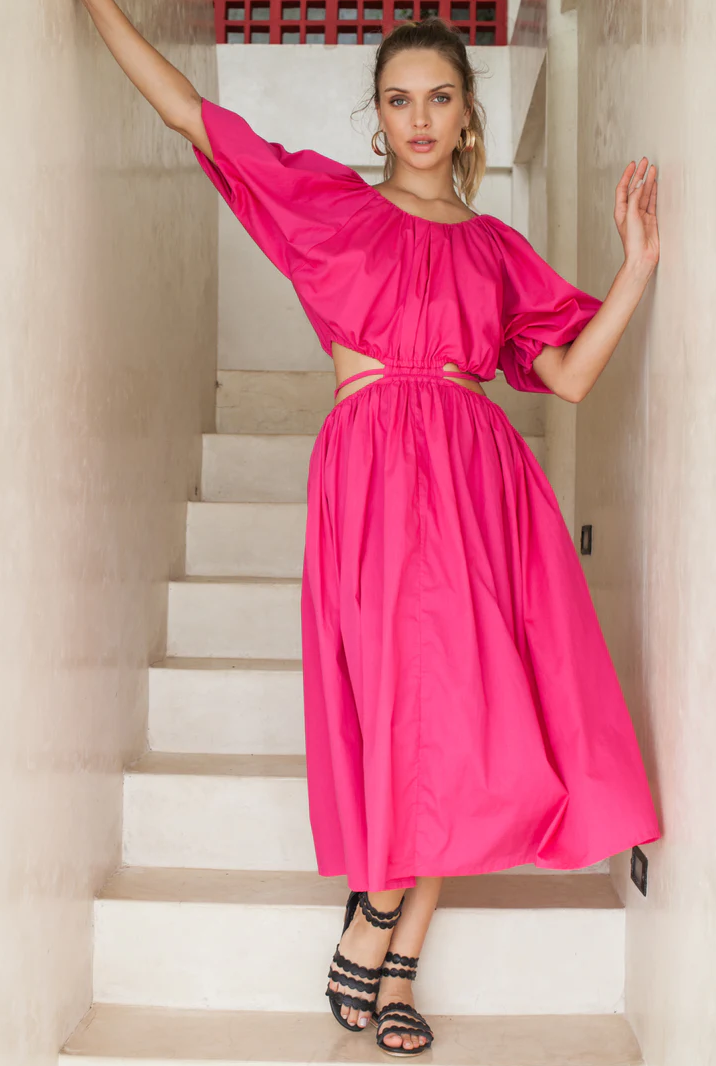 bali elf, sustainable and ethical dresses, womens apparel, fuchsia pink midi dress, cutout dress, balloon sleeves, summer dress, curate