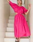 bali elf, sustainable and ethical dresses, womens apparel, fuchsia pink midi dress, cutout dress, balloon sleeves, summer dress, curate