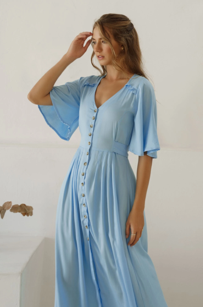 bali elf, sustainable and ethical dresses, womens apparel, baby blue, sky blue, midi dress, summer dress, curate