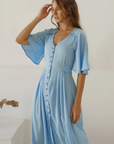 bali elf, sustainable and ethical dresses, womens apparel, baby blue, sky blue, midi dress, summer dress, curate