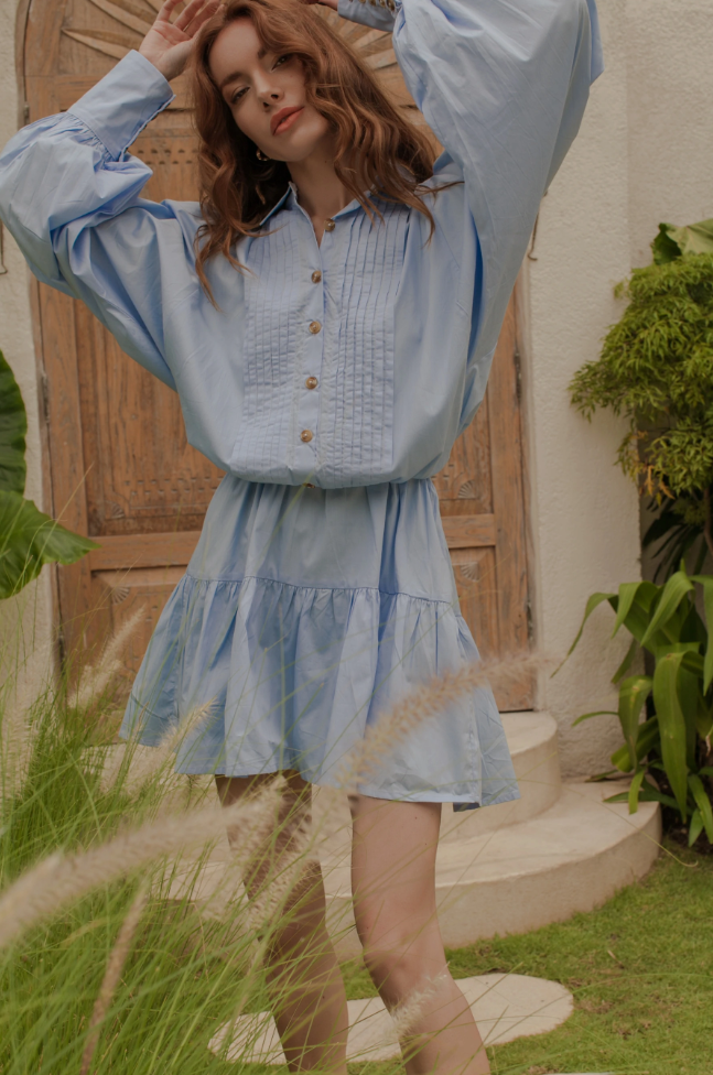 bali elf, sustainable and ethical dresses, womens apparel, baby blue, sky blue, mini dress, long sleeves, summer dress, curate