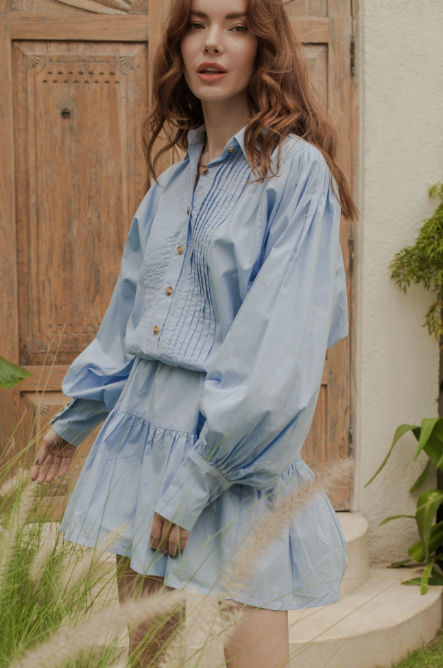 bali elf, sustainable and ethical dresses, womens apparel, baby blue, sky blue, mini dress, long sleeves, summer dress, curate
