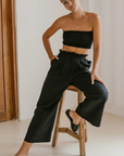 bali lane, fenzi smocked linen crop top, tube top, strapless black top, bandeau, black, smocked, linen, womens apparel, matching set, linen set, summer outfit, sustainable, ethical, curate
