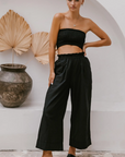 bali lane, fenzi smocked linen crop top, tube top, strapless black top, bandeau, black, smocked, linen, womens apparel, matching set, linen set, summer outfit, sustainable, ethical, curate