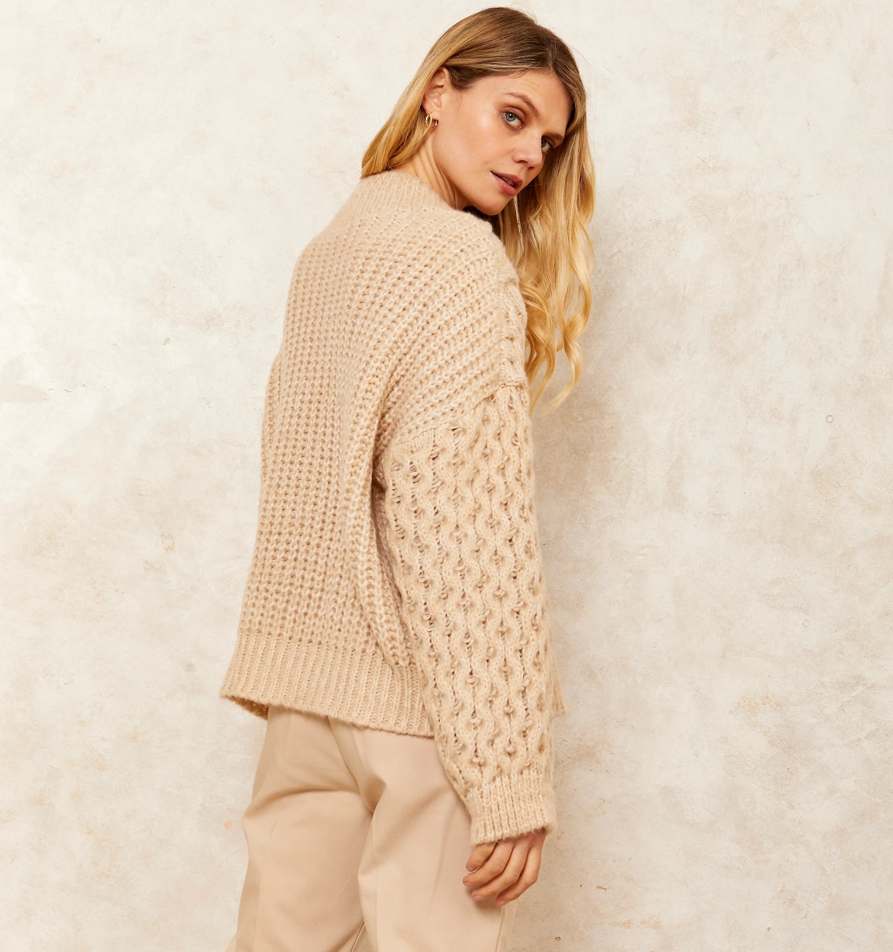 cara and the sky, womens chunky cable knit high neck sweater, pullover, beige, biscuit color, sustainable and ethically made, made in the UK, curate, curated