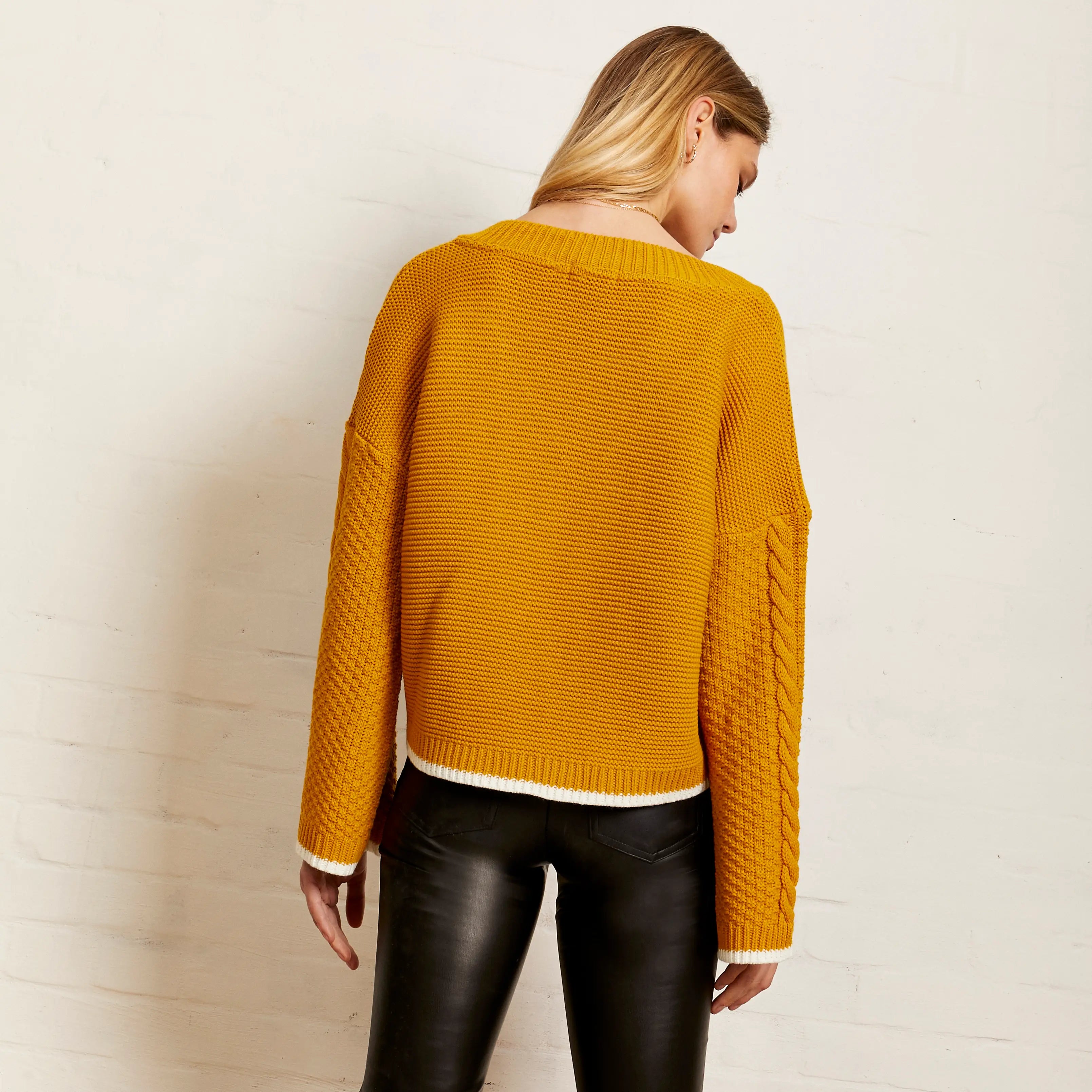 cara and the sky, womens vneck cable knit sweater in mustard yellow, womens fall winter sweaters, sustainable and ethically made, curate, shopthecurate
