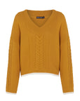 cara and the sky, womens vneck cable knit sweater in mustard yellow, womens fall winter sweaters, sustainable and ethically made, curate, shopthecurate