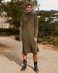 cara and the sky, womens boucle sweater midi dress, khaki olive green, turtleneck, rolled neck, long sleeved, side slit, midi length, sweater dress, womens apparel, sustainable and ethically made, curate, shopthecurate
