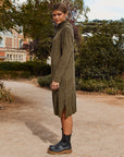 cara and the sky, womens boucle sweater midi dress, khaki olive green, turtleneck, rolled neck, long sleeved, side slit, midi length, sweater dress, womens apparel, sustainable and ethically made, curate, shopthecurate