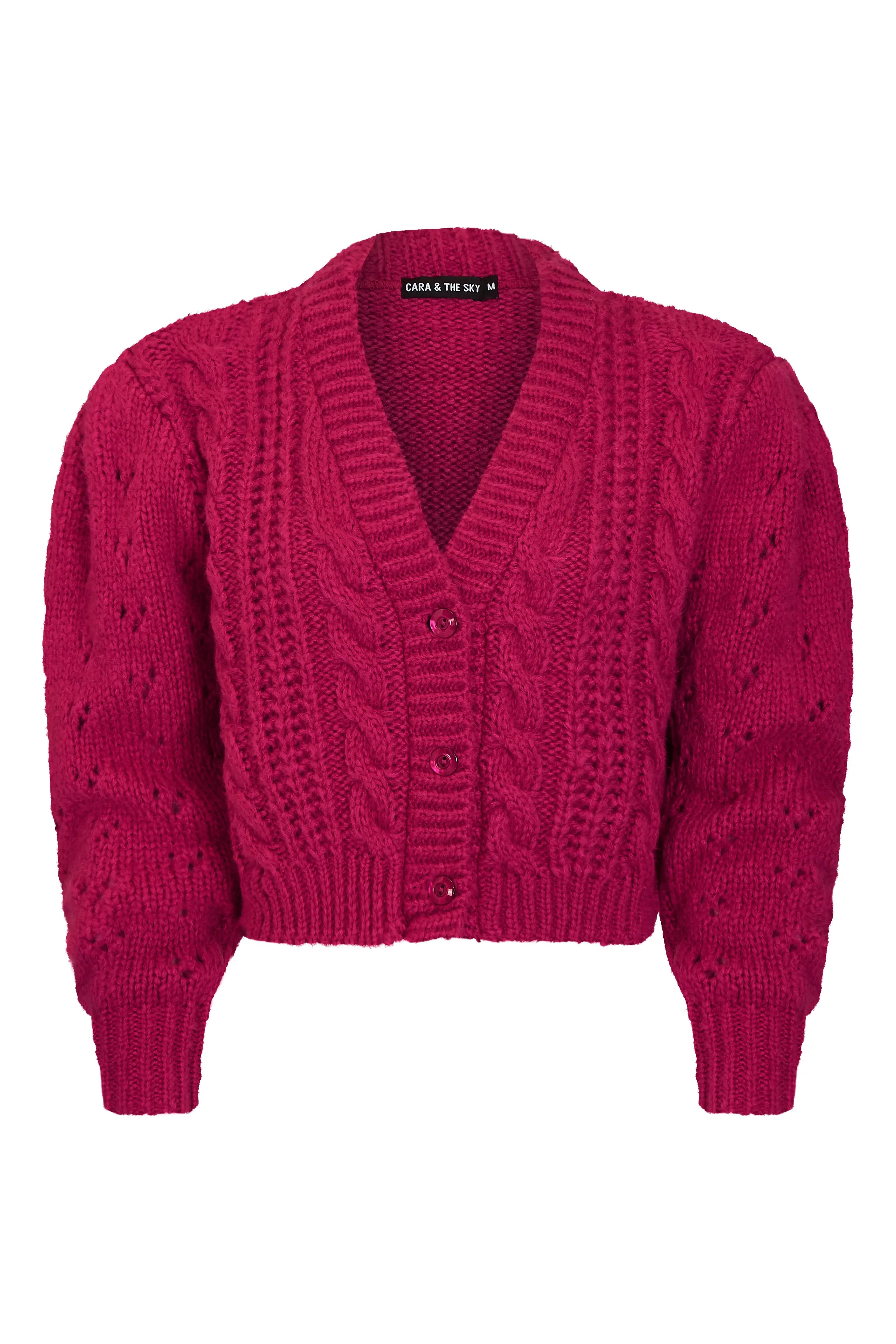 cara and the sky, womens hot pink cable knit cardigan, made in the UK, bright pink sweater, ethically and sustainable made, womens apparel, curate