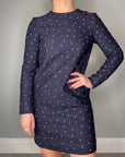 navy blue and white polka dot long sleeve mini dress, vintage and high end thrift store