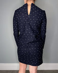 navy blue and white polka dot long sleeve mini dress, vintage and high end thrift store