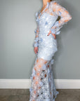 thrifted baby blue floral lace long sleeve slit gown, vintage and high end thrift store