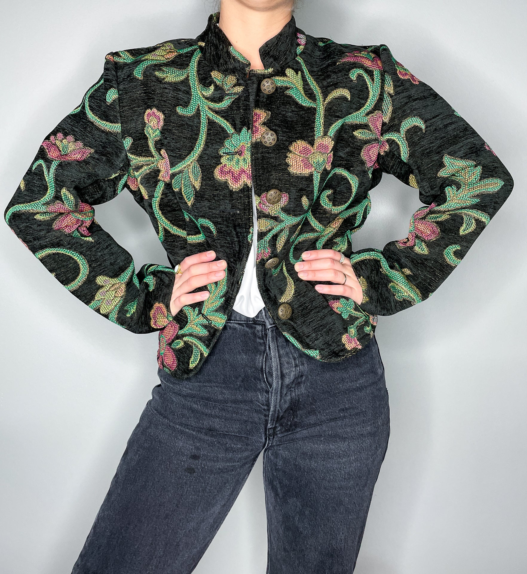black and pink with green floral pattern stand-collar jacket, vintage and high end thrift store