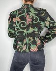 black and pink with green floral pattern stand-collar jacket, vintage and high end thrift store