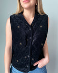 vintage cotton velvet black and gold vest, quilted, gold threading detail, cascade blues, size M, luxury vintage and thrift store