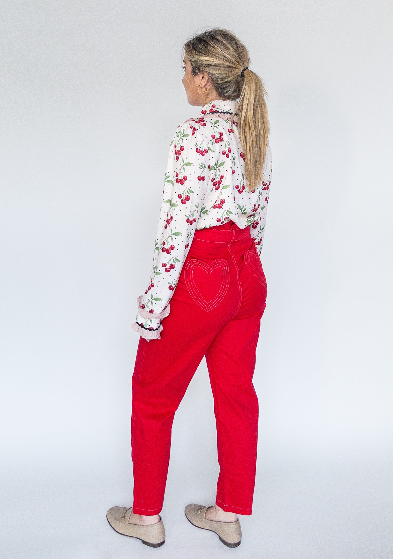 sister jane, cherry tree ruffle blouse, women&#39;s blouse, women&#39;s clothing, fashion, ethically made, cherry print, curate