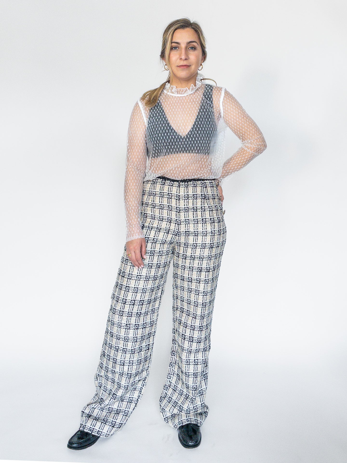 sister jane, carrie tweed trouser, tweed pants, beige and black, wide leg trousers, women&#39;s apparel, women&#39;s pants, ethically made, curate