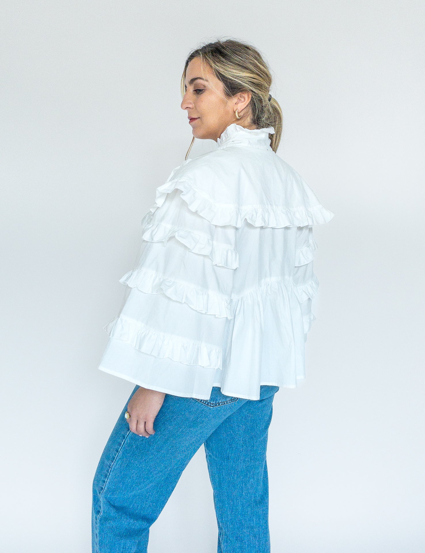 sister jane, metropolis bow ruffle blouse, white, women's blouse, spanish blouse, bow blouse, fashion, apparel, ethically made, curate, shopthecurate