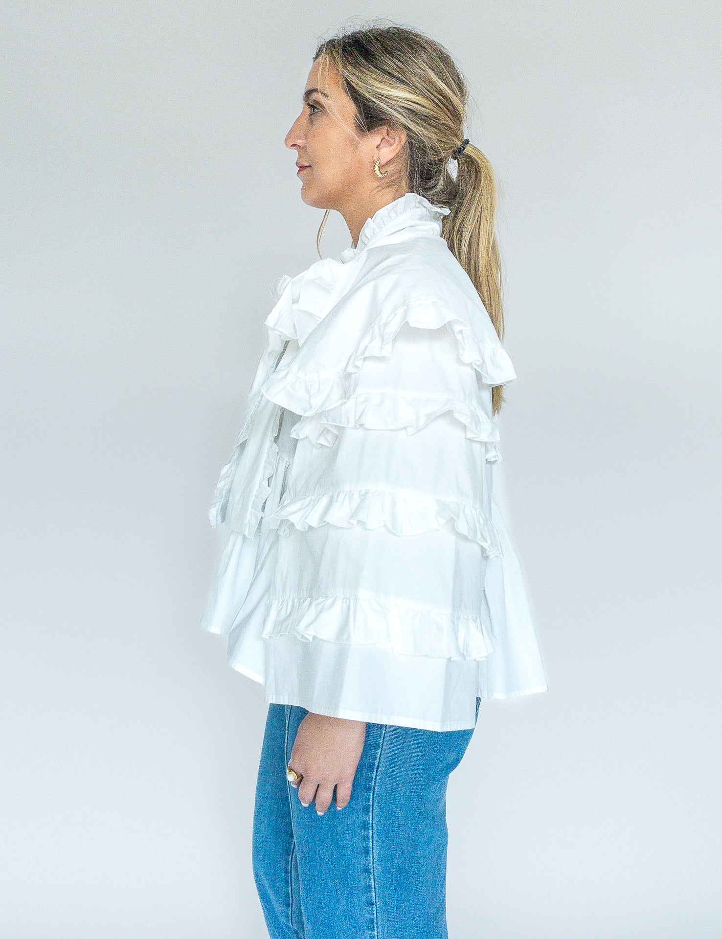 sister jane, metropolis bow ruffle blouse, white, women&#39;s blouse, spanish blouse, bow blouse, fashion, apparel, ethically made, curate, shopthecurate