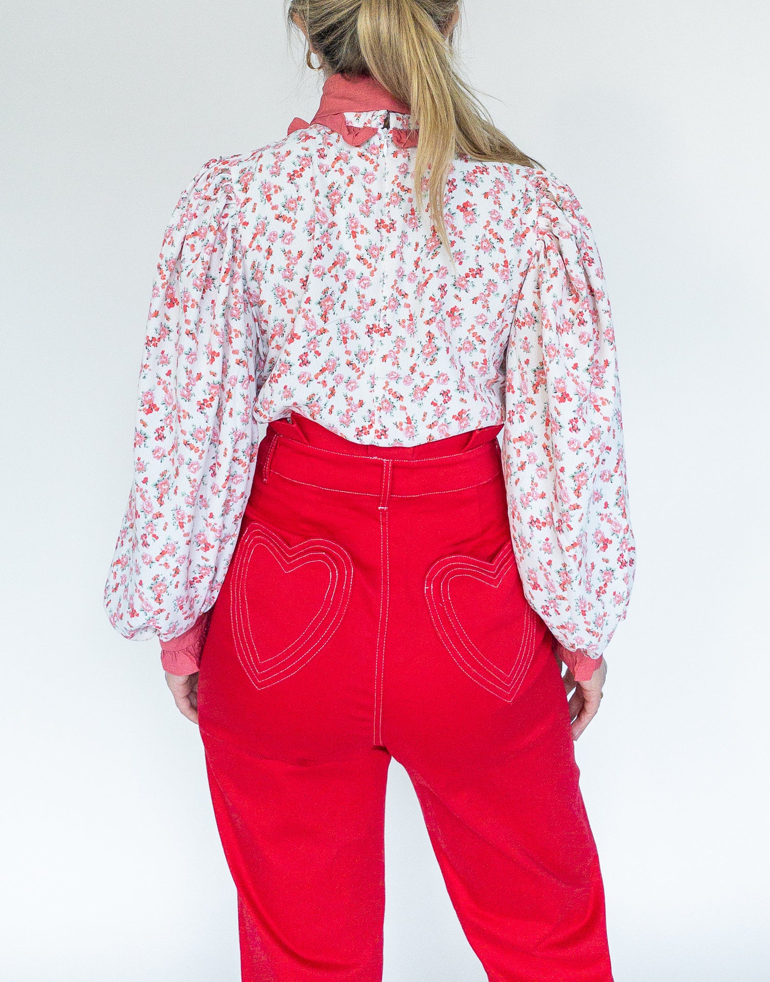 sister jane, high rise red trousers, hearts, heart-pockets, red pants, women&#39;s pants, women&#39;s apparel, fashion, ethically made, curate