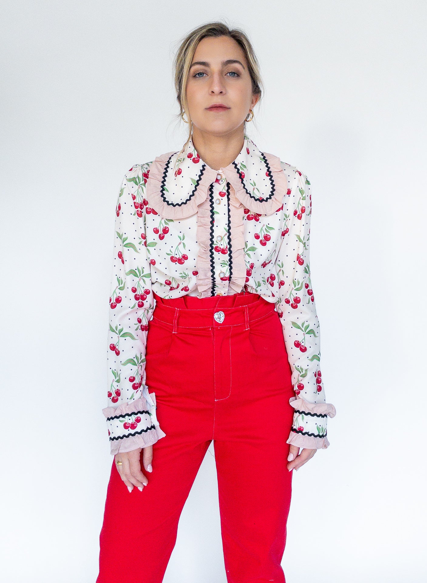 sister jane, high rise red trousers, hearts, heart-pockets, red pants, women&#39;s pants, women&#39;s apparel, fashion, ethically made, curate