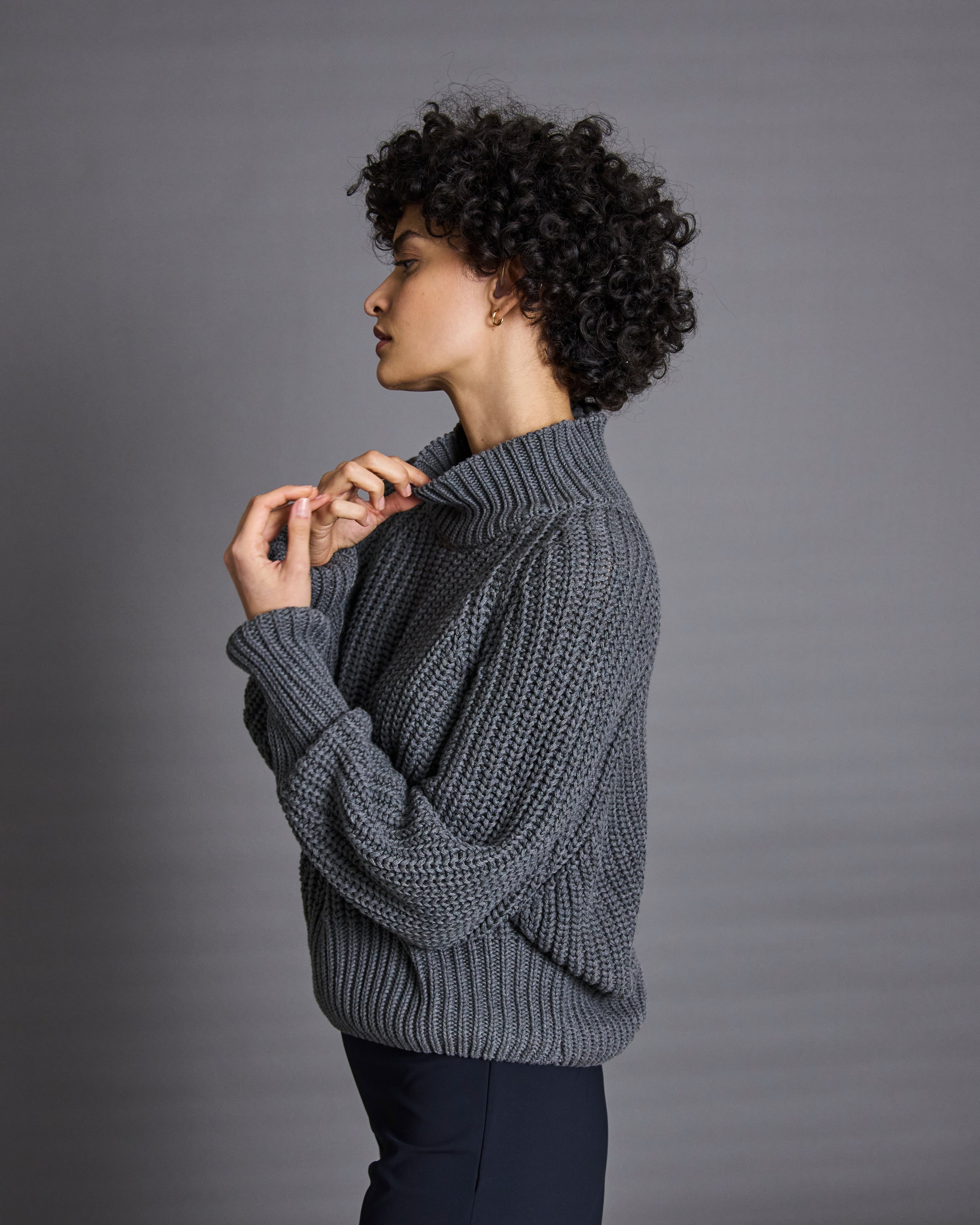 jan n june, dark grey chunky knit sweater, mockneck, turtleneck, oversized fit, sustainable, ethical, womens apparel, curate
